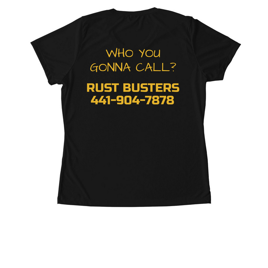 RUST BUSTERS PERFORMANCE, a Black Women's Performance Tee (back-view)