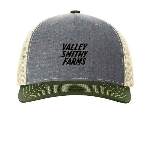 Valley Smithy Farms Hats, a Heather Grey/ Birch/ Army Olive Printed Five-Panel Trucker Cap