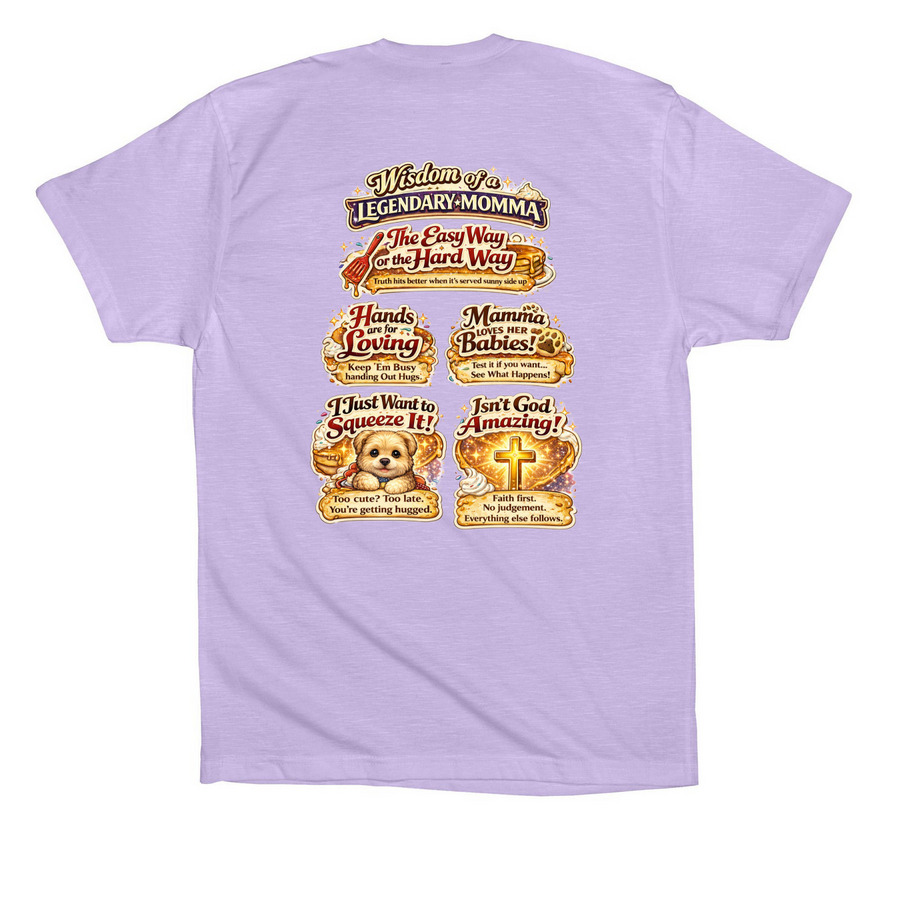 WISDOM OF A LEGENDARY MOMMA., a Dark Lavender Premium Cotton Tee (back-view)