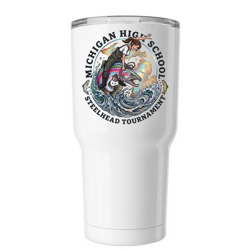 Michigan High School Steelhead Tournament - F, a White Insulated Tumbler