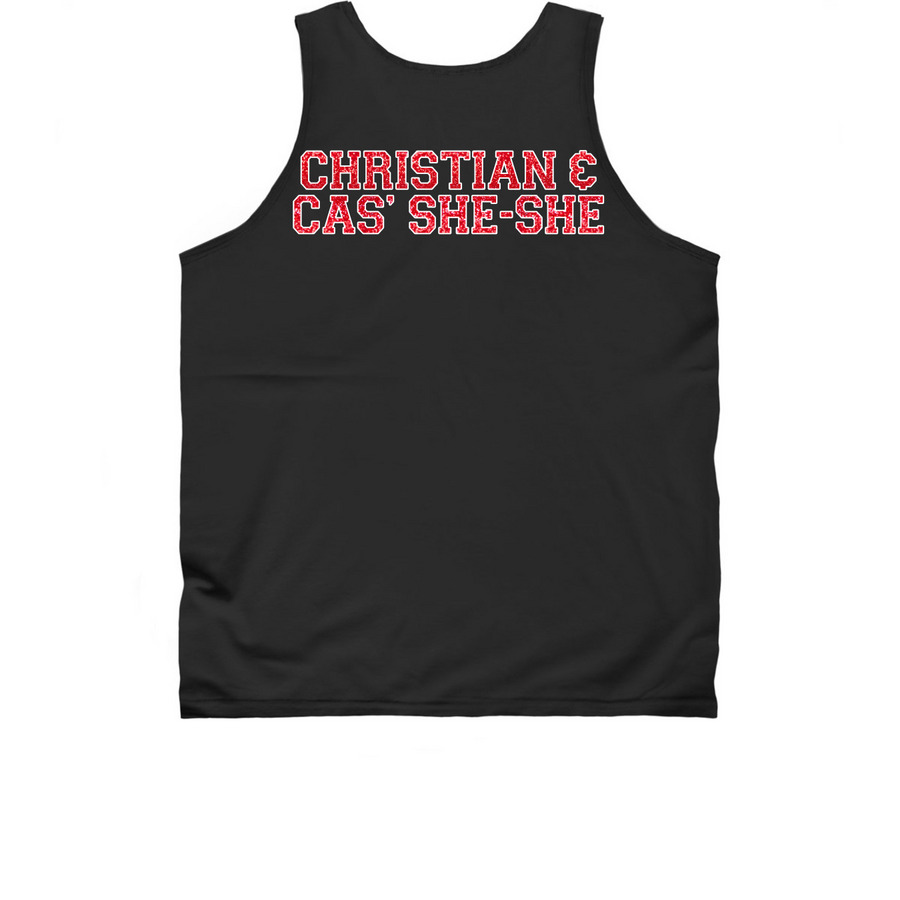 *MADE WITH LOVE FOR CHRISTIAN & CAS' SHE-SHE*, a Black Classic Unisex Tank Top (back-view)
