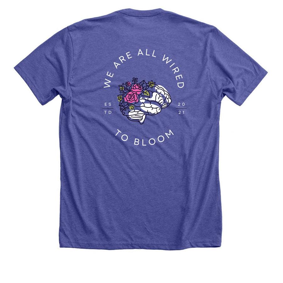 Wired to Bloom Basics 2.0, a Heather Lapis Premium Unisex Tee (back-view)