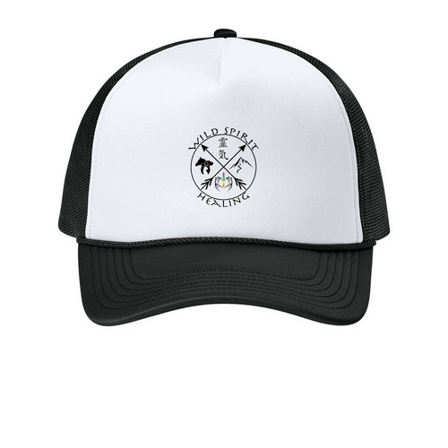 Wild Spirit Healing | Headwear Collection, a White/ Deep Black Printed Foam Trucker Hat