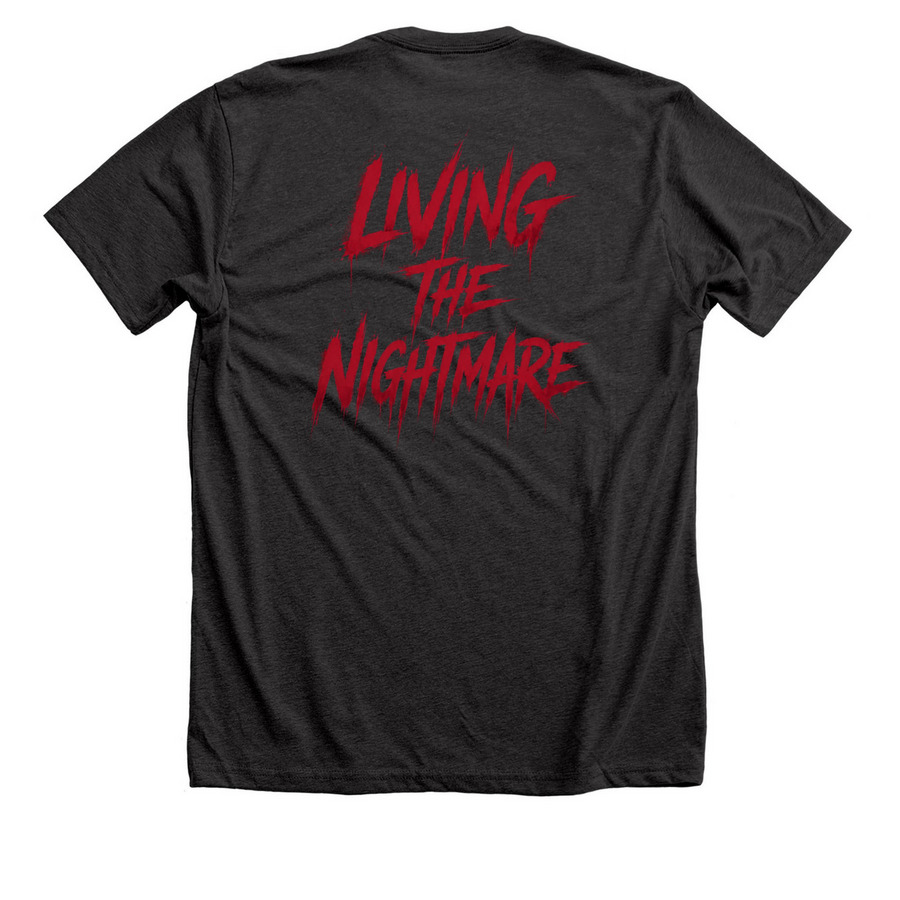 Living the Nightmare, a Dark Grey Heather Premium Unisex Tee (back-view)