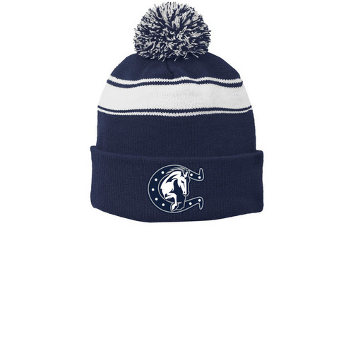 Colts Printed Beanies, a True Navy/ White Printed Stripe Pom-Pom Beanie
