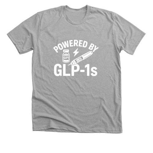 Powered by GLP-1s, a Athletic Heather Premium Unisex Tee