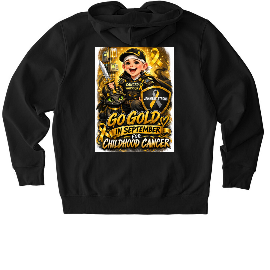 GO GOLD FOR CHILDHOOD CANCER, a Black Stanley/Stella Unisex Cultivator 2.0 Zip Up Pullover Hoodie (back-view)