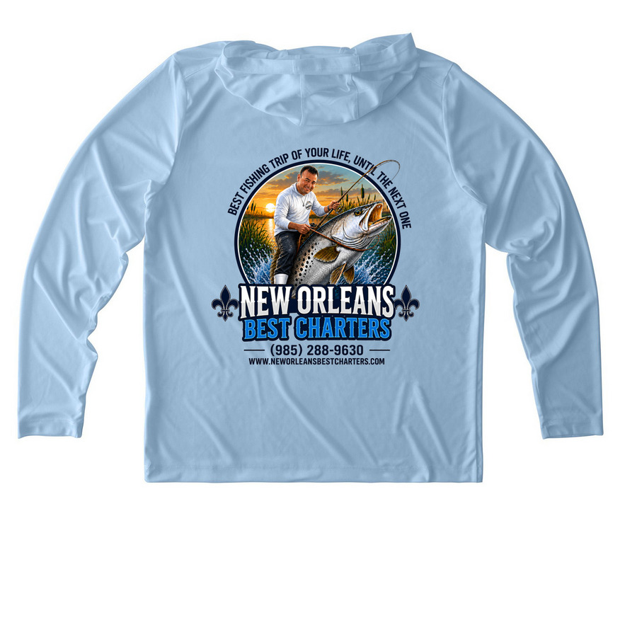 Fishing shirts!, a Light Blue UV Performance Long Sleeve Hoodie (back-view)