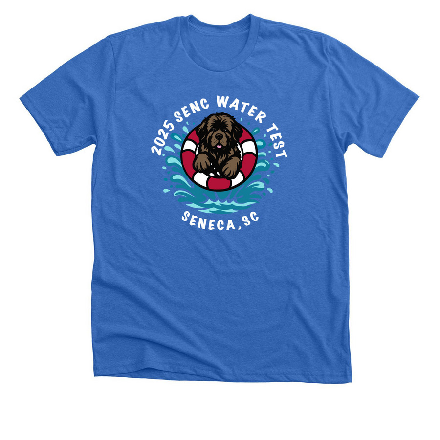 2025 SENC Water Test - Brown/White text, a Heather True Royal Premium Unisex Tee