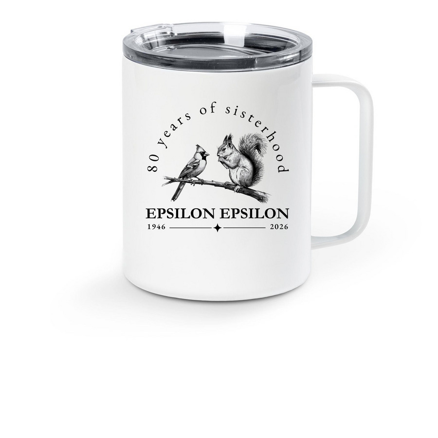 Epsilon Epsilon's 80th Anniversary Travel Mug, a White Stainless Steel Travel Mug