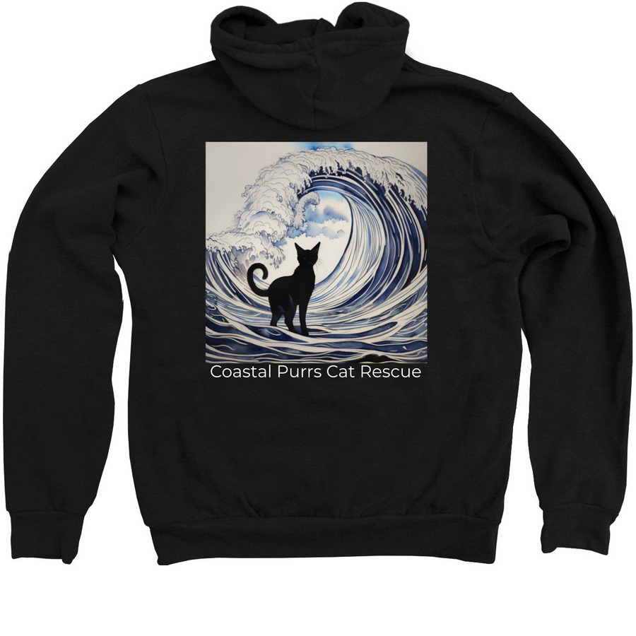 COASTAL PURRS CAT WITH BLUE WAVE ZIP HOODIE, a Black Zip Up Hoodie (back-view)