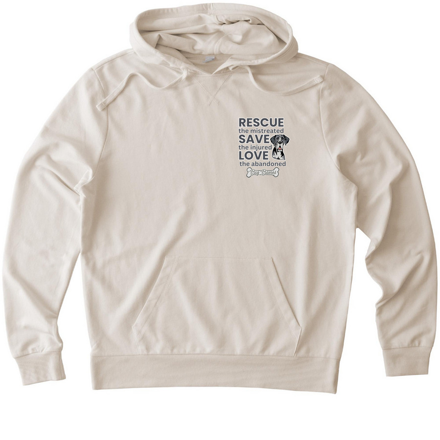 Rescue, Save, Love, a White Sand Allmade Organic French Terry Pullover Hoodie