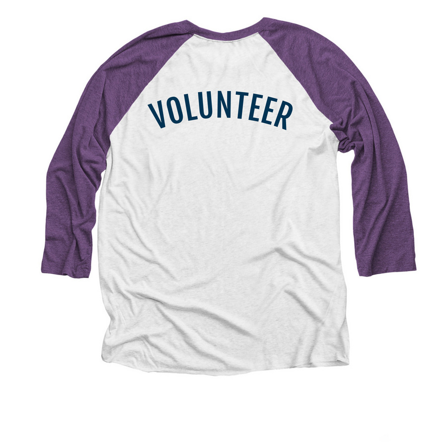 HCCA MOW / Volunteer, a Purple Rush and Heather White 3/4 Sleeve Baseball Tee (back-view)