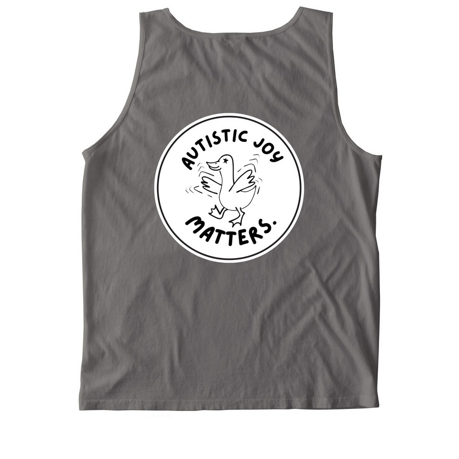 Autistic joy matters with pocket circle, a Grey Comfort Colors Tank Top (back-view)