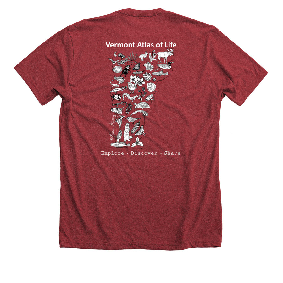 Vermont Atlas of Life, a Heather Canvas Red Premium Unisex Tee (back-view)