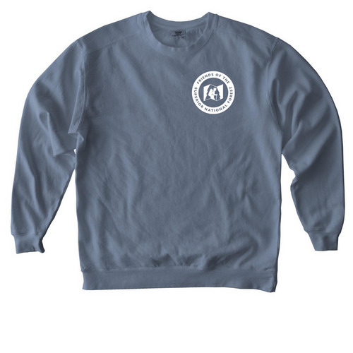 Friends SNF Small White Logo Tee, a Blue Jean Comfort Colors Crewneck Sweatshirt