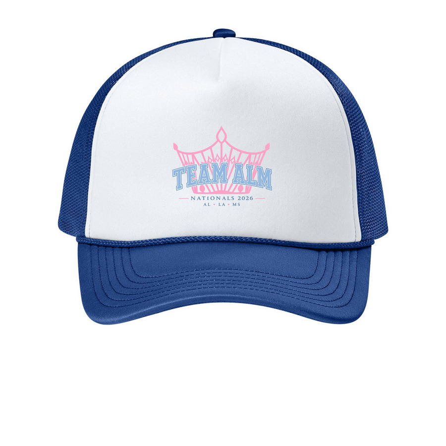 ALM Nationals Hat, a White/ True Royal Printed Foam Trucker Hat