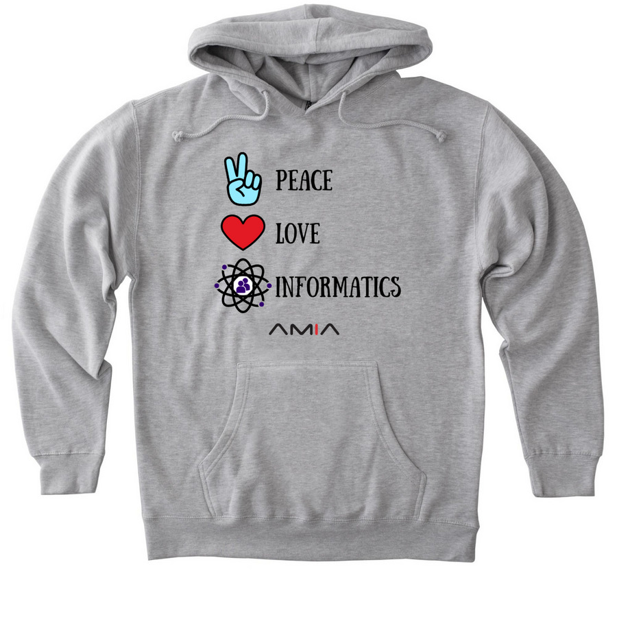 Peace, Love, Informatics, a Grey Heather Heavyweight Pullover Hoodie