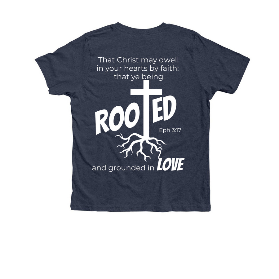 Rooted Youth Group, a Heather Midnight Navy Premium Youth Tee (back-view)