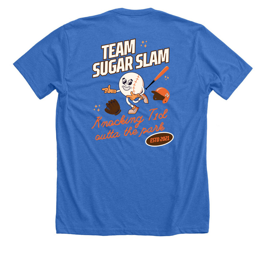 Team Sugar Slam: Knocking T1D Out of the Park, a Heather True Royal Premium Unisex Tee (back-view)