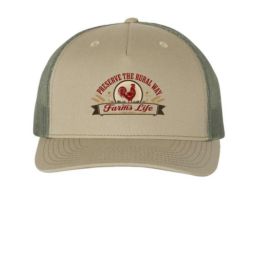 PRESERVE THE RURAL WAY HATS, a Pale Khaki/ Loden Green Printed Five-Panel Trucker Cap