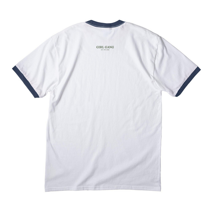 Serving Tee, a White/ Navy Cotton Ringer Tee (back-view)