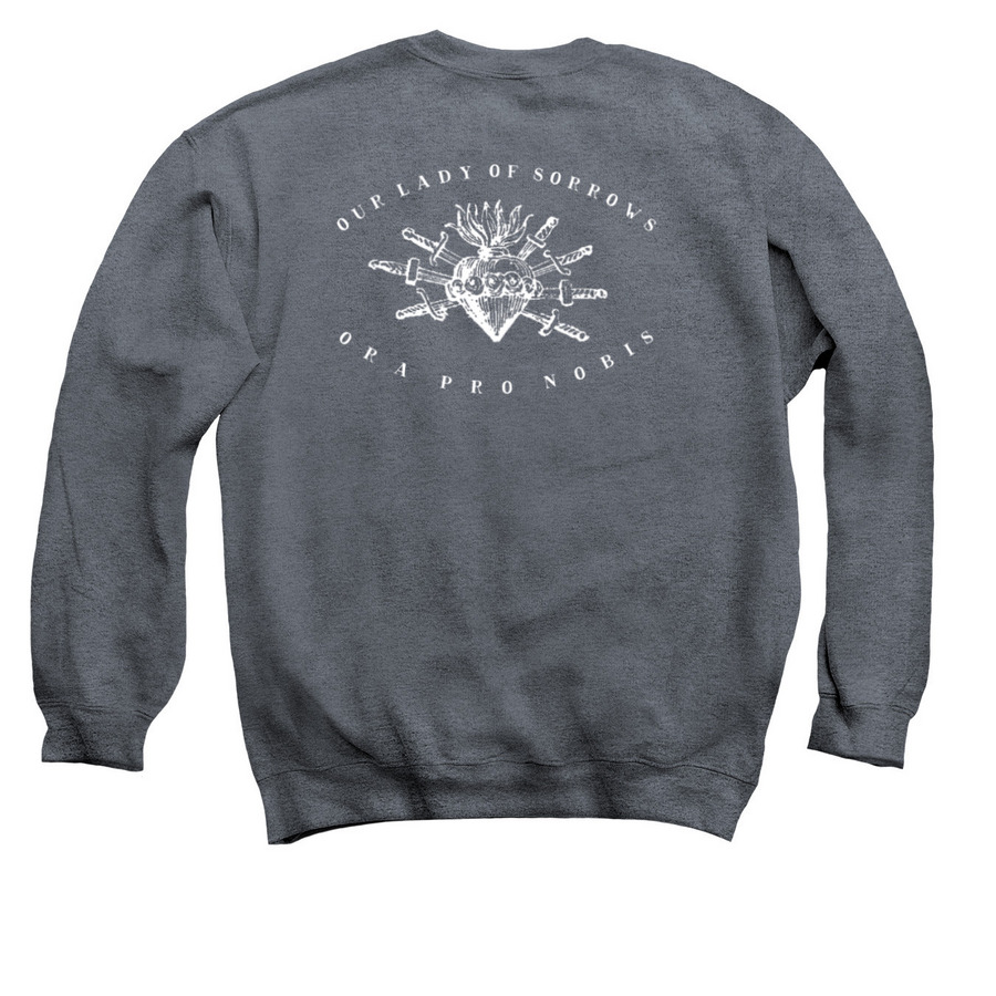 Ora Pro Nobis Sweatshirt, a Dark Heather Crewneck Sweatshirt (back-view)