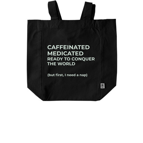 Caffeine/Drugs, a Black Recycled Cotton Tote Bag