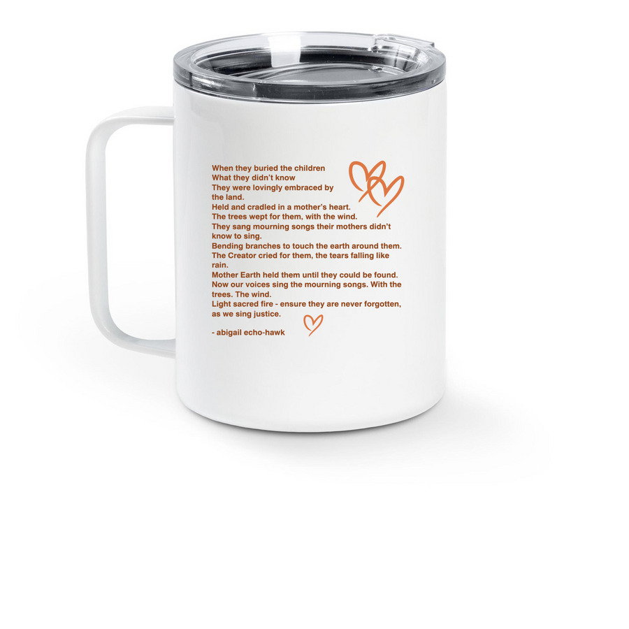 Every Child Matters Coffee Mug, a White Stainless Steel Travel Mug (back-view)