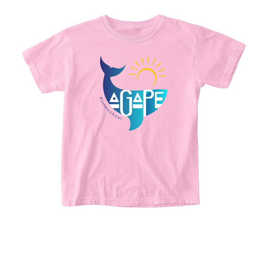 Youth Agap? Homeschool- Blue text, a Blossom Comfort Colors Youth Tee