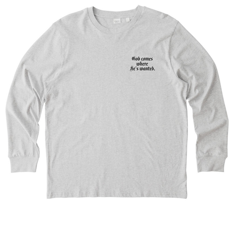 God Comes Where He's Wanted, a Cool Heather Grey Stanley/Stella Unisex Creator 2.0 Long Sleeve Tee