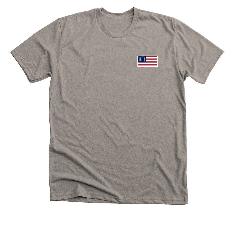 Color Flag Front / Hatchet and Flintlock Back, a Heather Stone Premium Unisex Tee