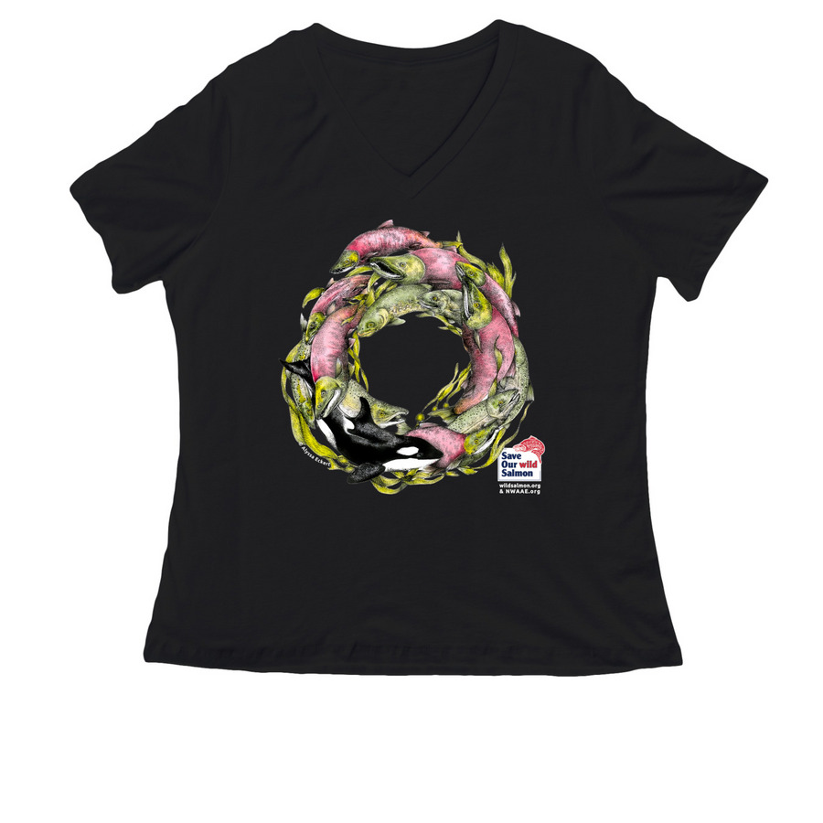 Salmon Run by Alyssa Eckert, a Black Women's Relaxed V-Neck Tee