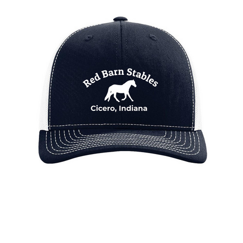 Red Barn Stables Trucker Cap, a Navy/ White Printed Snapback Trucker Cap