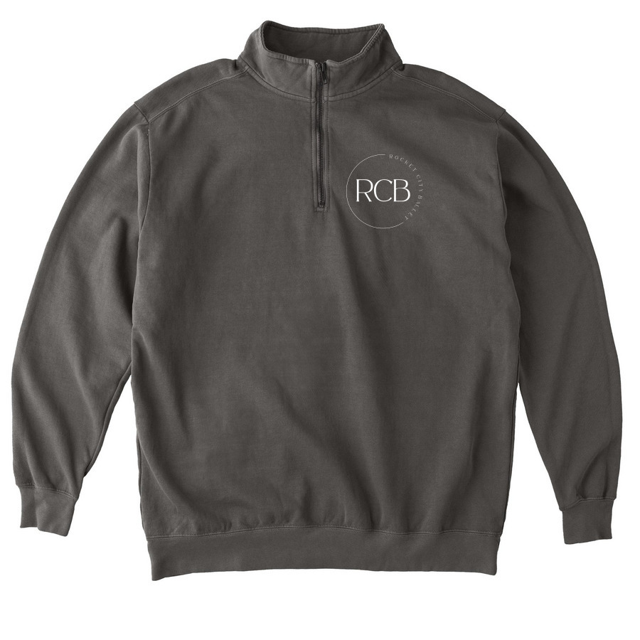 White RCB Pocket Circle, a Pepper Comfort Colors Quarter Zip Pullover