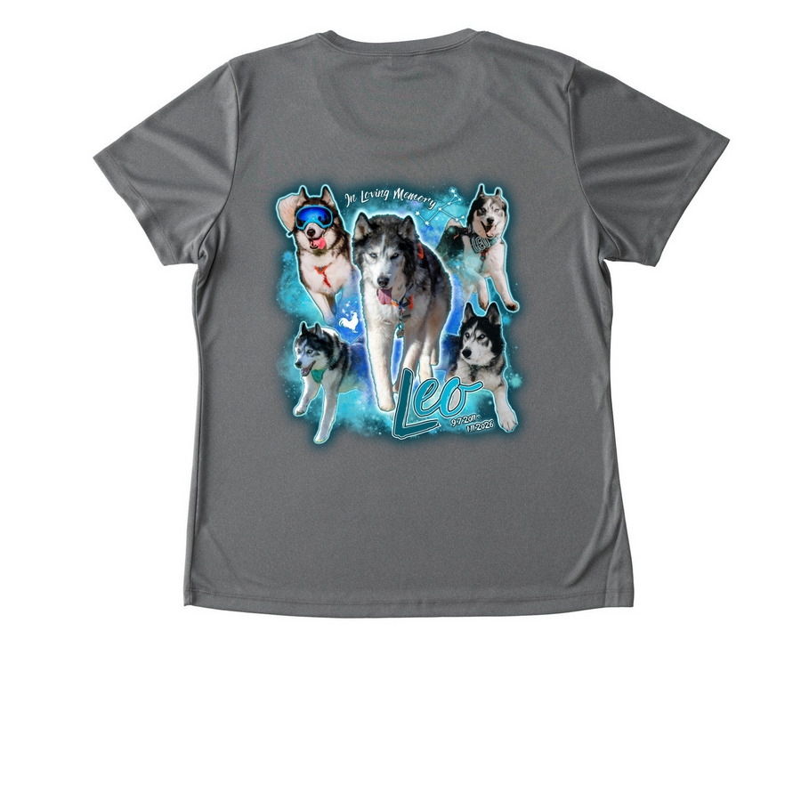 Leo's Memorial Shirt (athletic), a Grey Concrete Heather Women's Performance Tee (back-view)