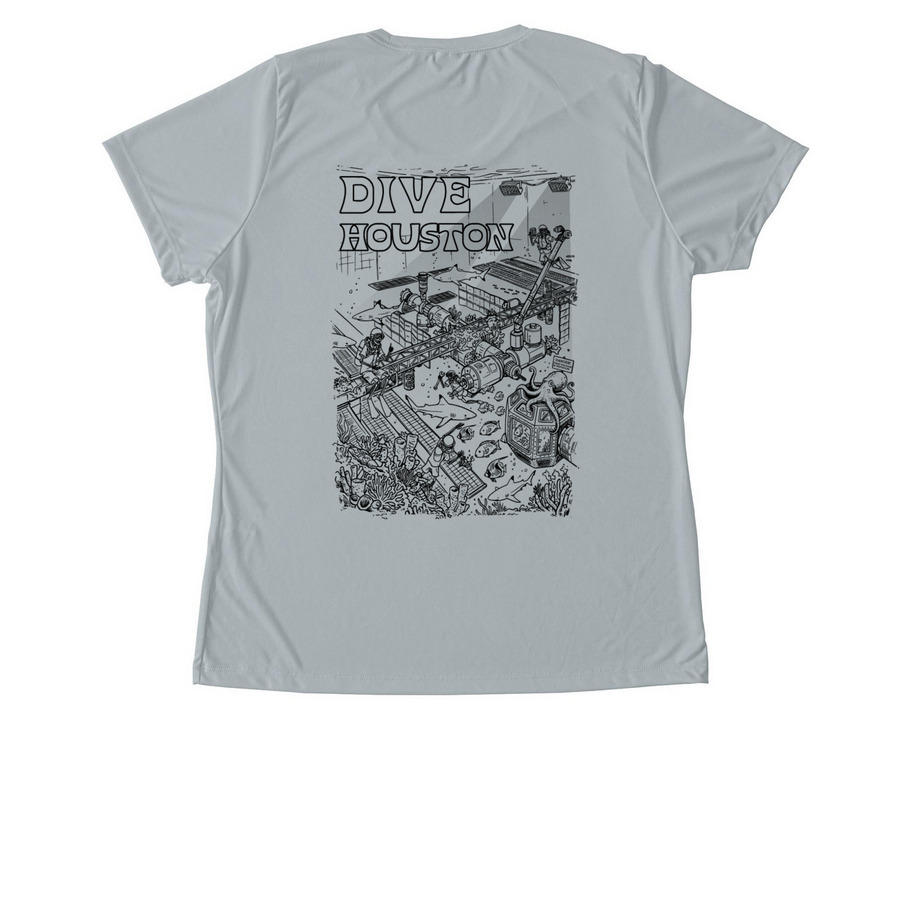 The Houston Dry, a Silver Women's Performance Tee (back-view)