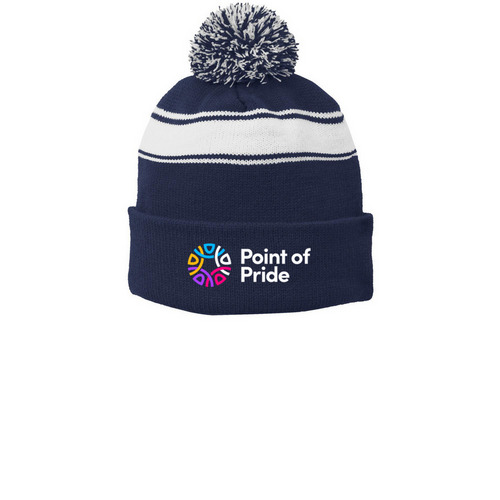 Point of Pride logo beanie, a True Navy/ White Printed Stripe Pom-Pom Beanie