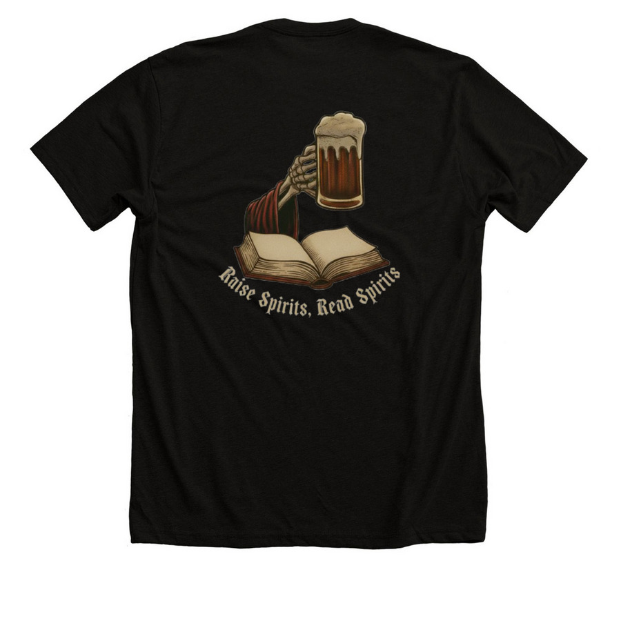 Raise Spirits, Read Spirits, a Solid Black Blend Premium Unisex Tee (back-view)