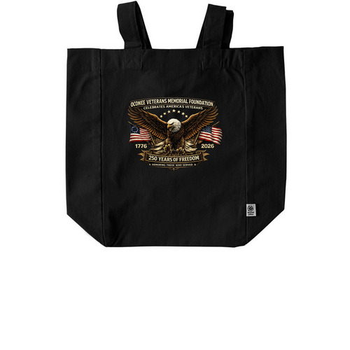 Oconee Veterans Memorial Celebrates 250&nbsp;, a Black Recycled Cotton Tote Bag
