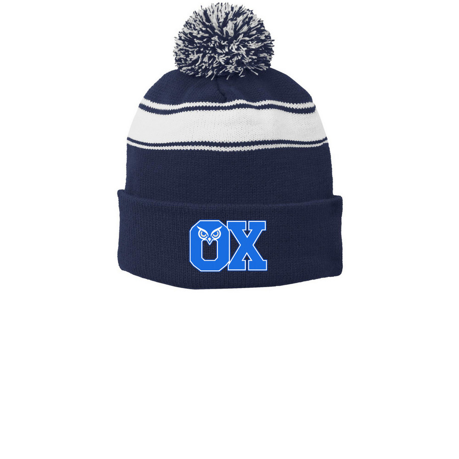 Ox Beanie, a True Navy/ White Printed Stripe Pom-Pom Beanie