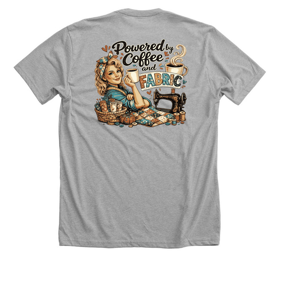 Powered by Coffee and Fabric, a Athletic Heather Premium Unisex Tee (back-view)