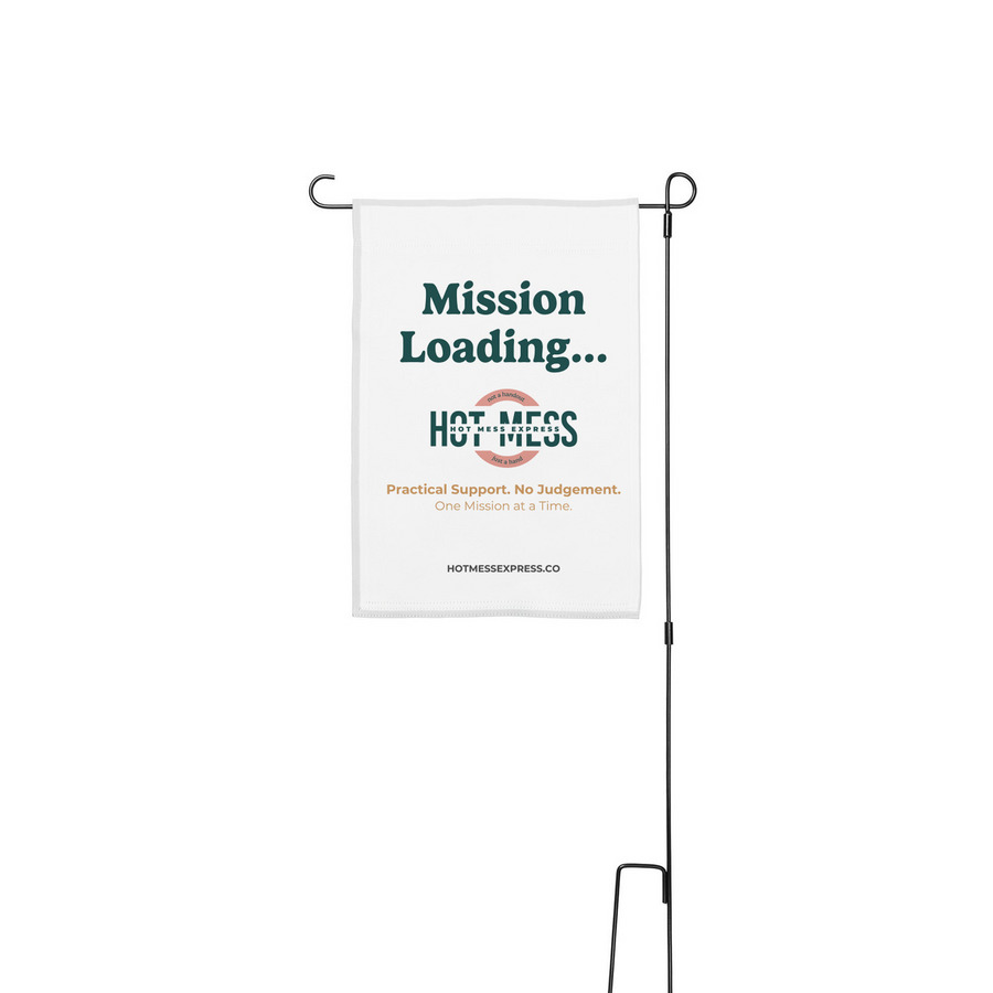 Mission Loading... Yard Flag, a White 12" x 18" Yard Flag with Stake
