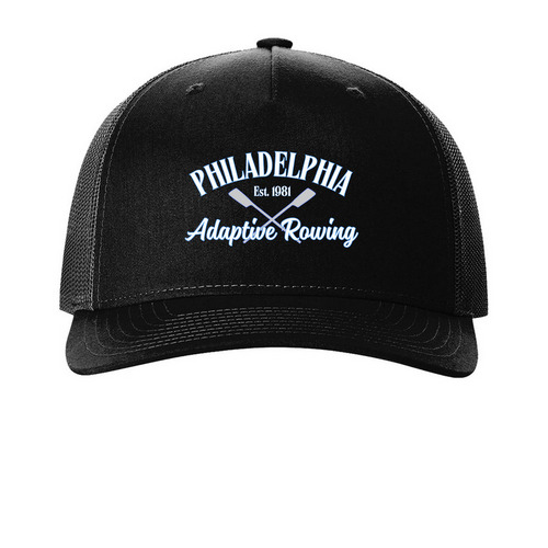 PAR Rowing Hat - "Cream Cheese", a Black Printed Five-Panel Trucker Cap