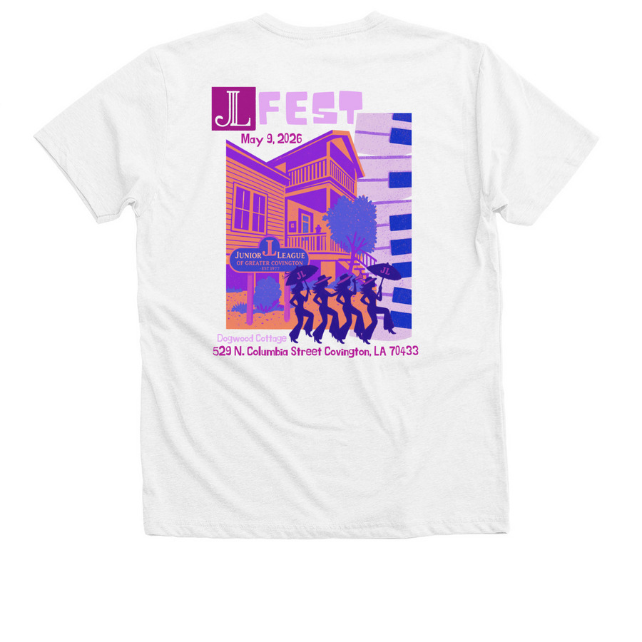 JL Fest Tee, a Solid White Blend Premium V-Neck Tee (back-view)