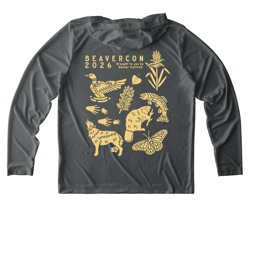 BeaverCON 2026 Staff Sun Hoodie, a Dark Smoke Grey UV Performance Long Sleeve Hoodie (back-view)