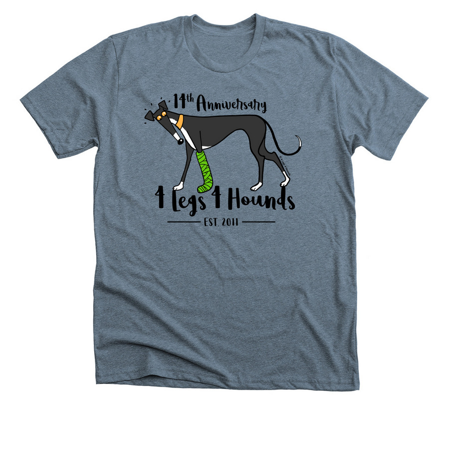 14th Anniversary 4 Legs 4 Hounds, a Heather Slate Premium Unisex Tee