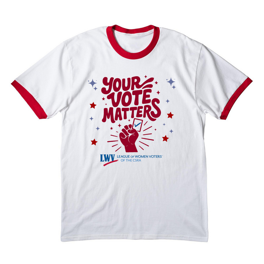 Your Vote Matters - LWVCSRA, a White/ Red Cotton Ringer Tee