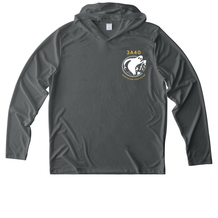 Sun Shirt Ghost Logo, a Dark Smoke Grey UV Performance Long Sleeve Hoodie