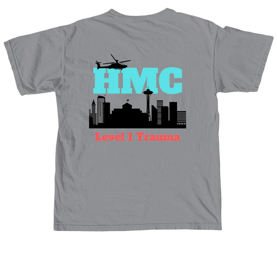 HMC ED TRAUMA, a Granite Comfort Colors Unisex Tee (back-view)